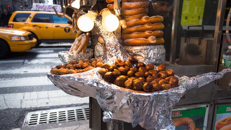 Chestnuts roasting on a street vendor food car in Manhattan