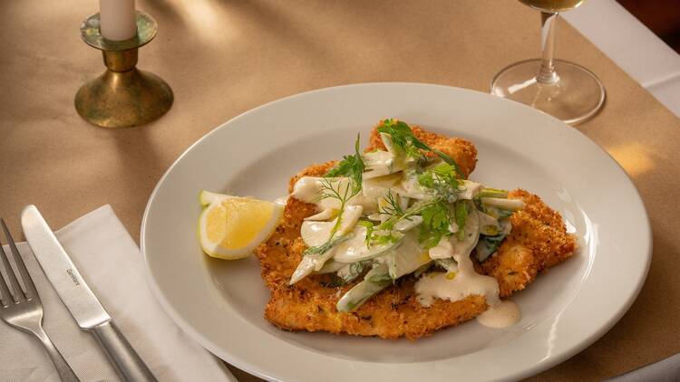Tiella chicken Milanese with green apple, celery, fennel, and creme fraiche