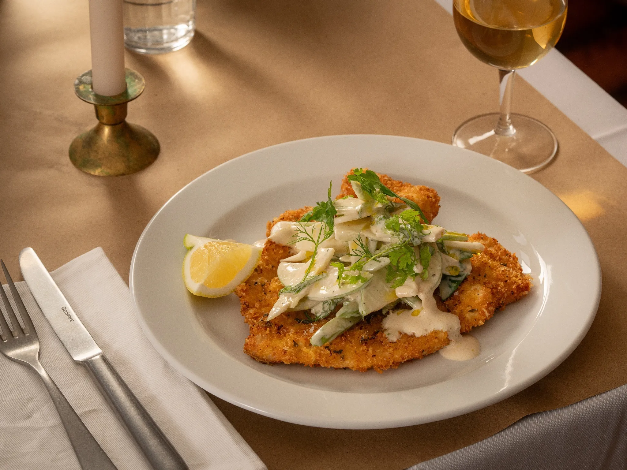 Tiella chicken Milanese with green apple, celery, fennel, and creme fraiche