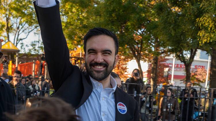 Zohran Mamdani speaks to media after casting his vote in the general election outside the Frank Sinatra High School on November 4, 2025 in New York Cit