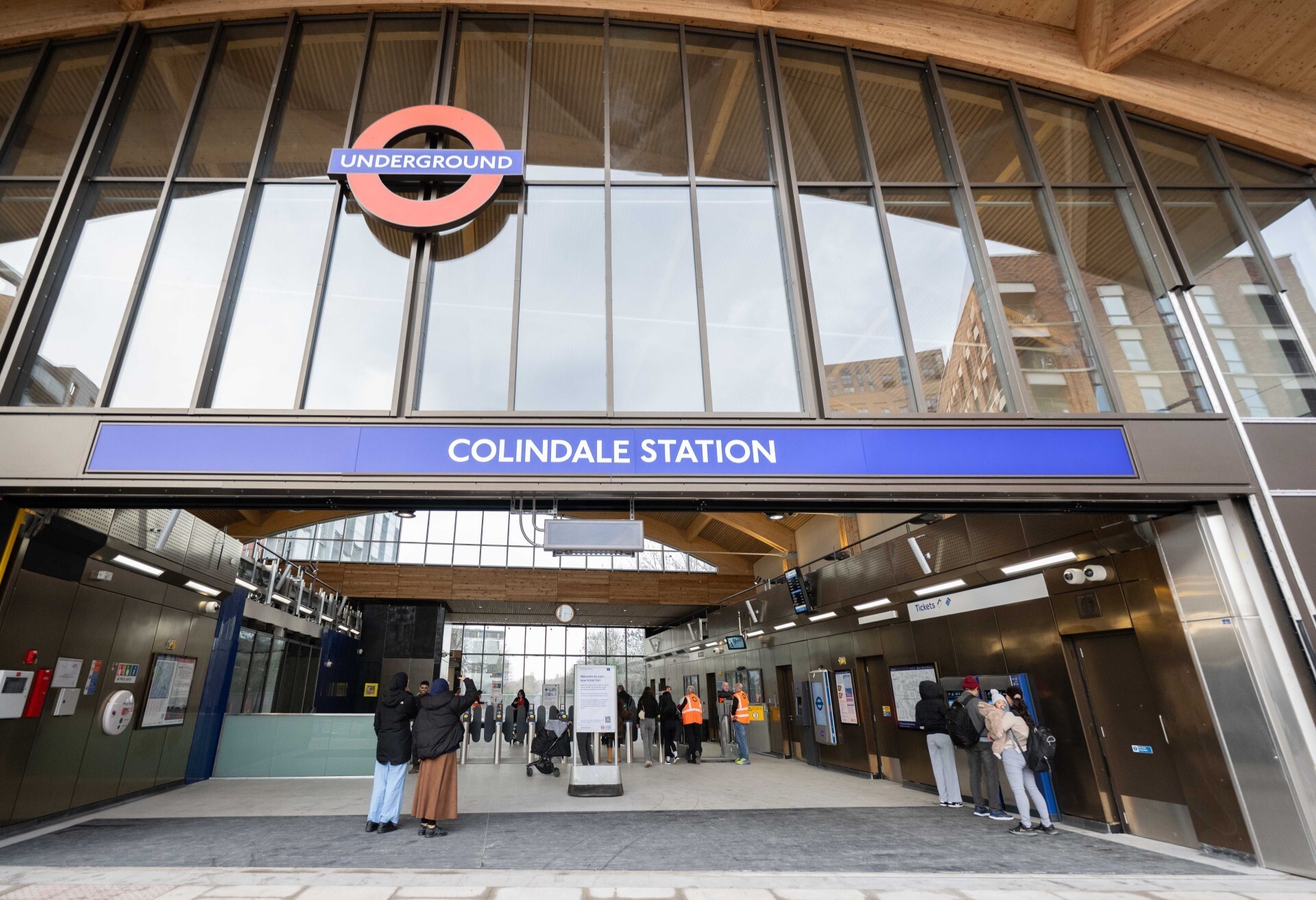 New Collindale station entrance with timber roof and windows 