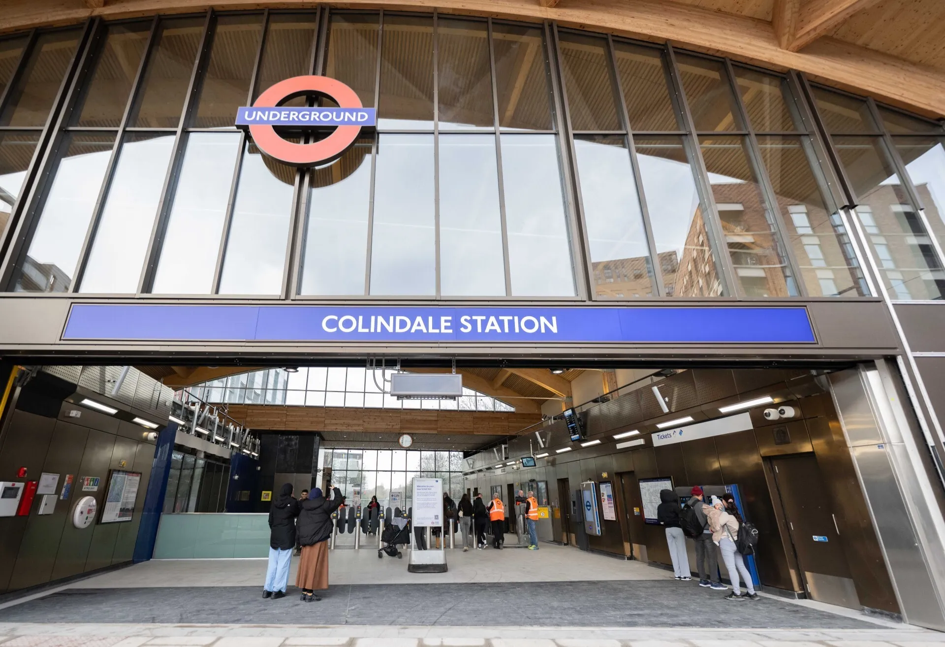 New Collindale station entrance with timber roof and windows 