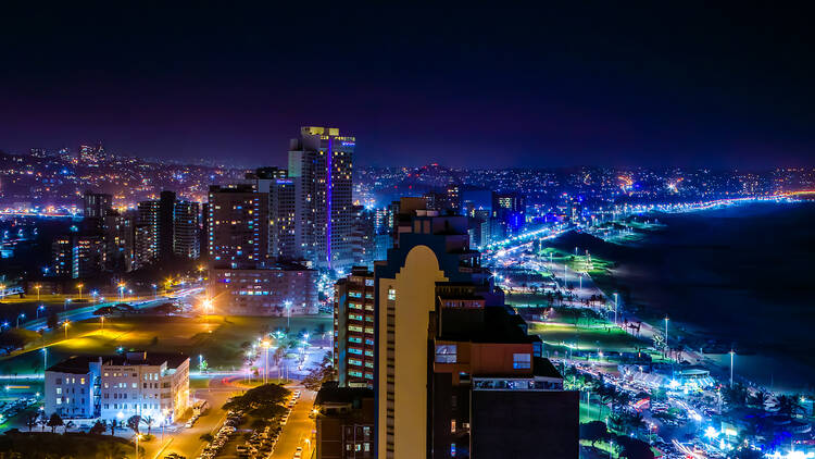 Long Exposure of the night-time Cityscape of Durban, eThekwini, Kwa Zulu-Natal, South Africa