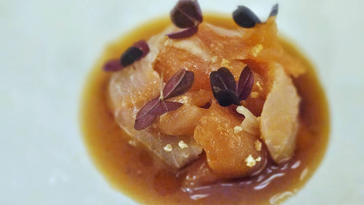 Crudo-tyyliin kokattua kalaa kastikkeessa Bistro Egossa Helsingissä