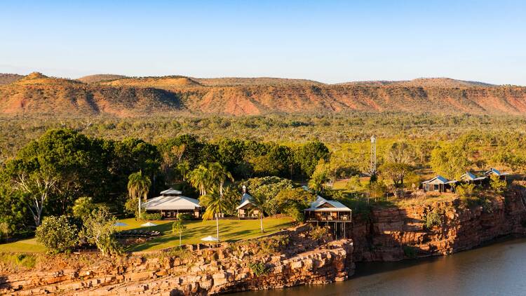 Aerial of lodge near river