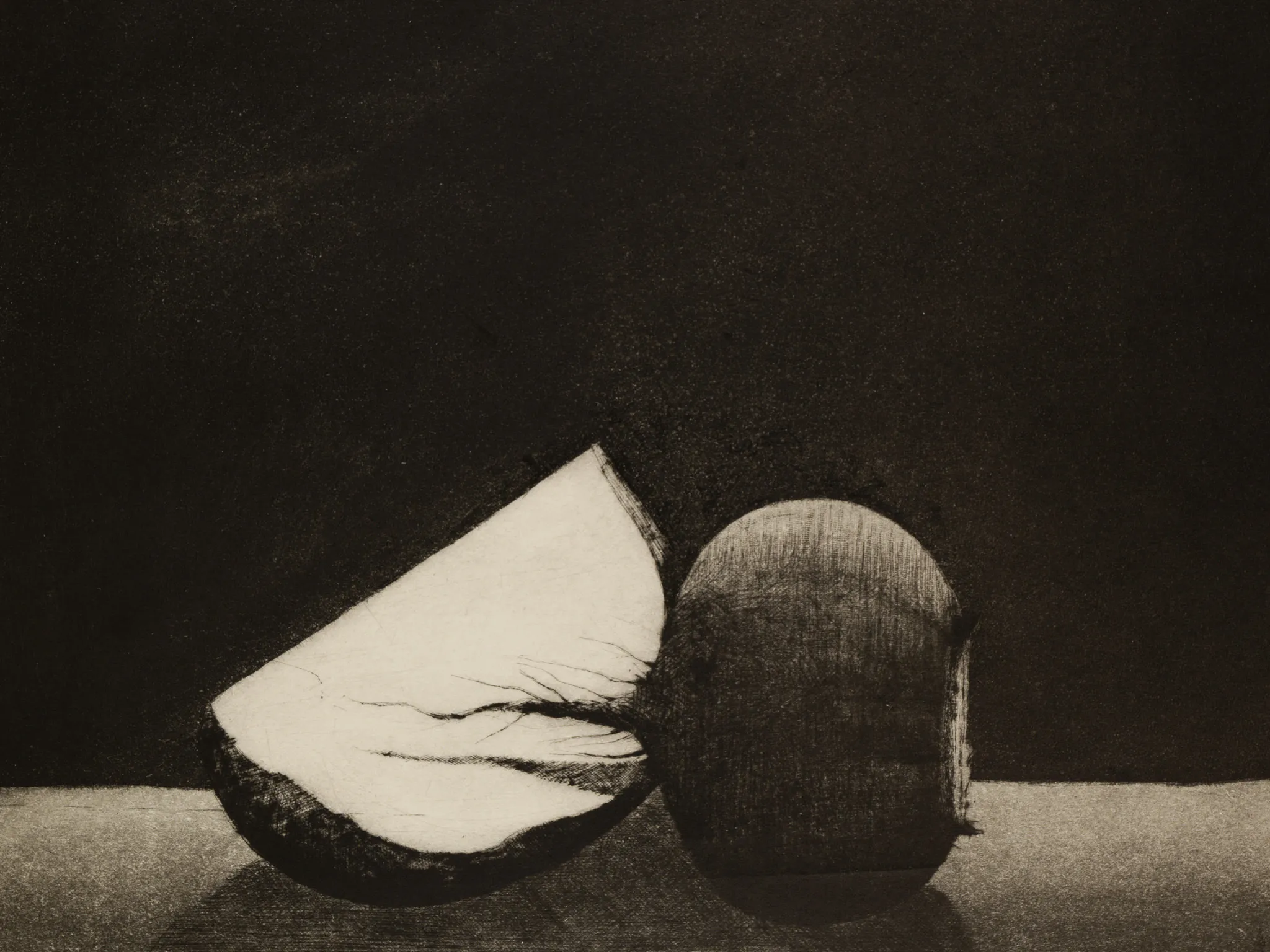 Pentti Kaskipuron mustavalkoinen grafiikkaty&ouml; nauriista ja halkaistusta lantusta