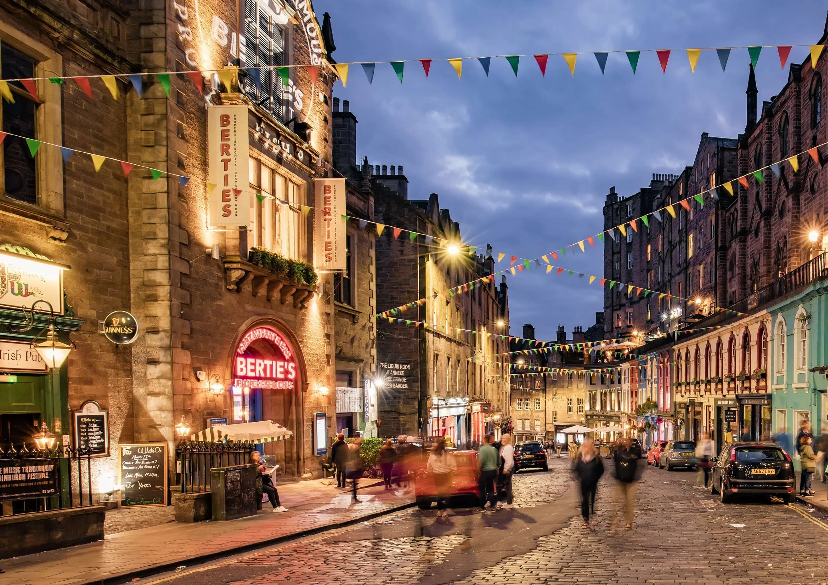 Street in Edinburgh, Scotland at dusk