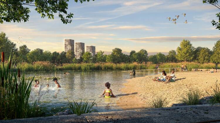 Render of wild swimming ponds at East London Waterworks Park