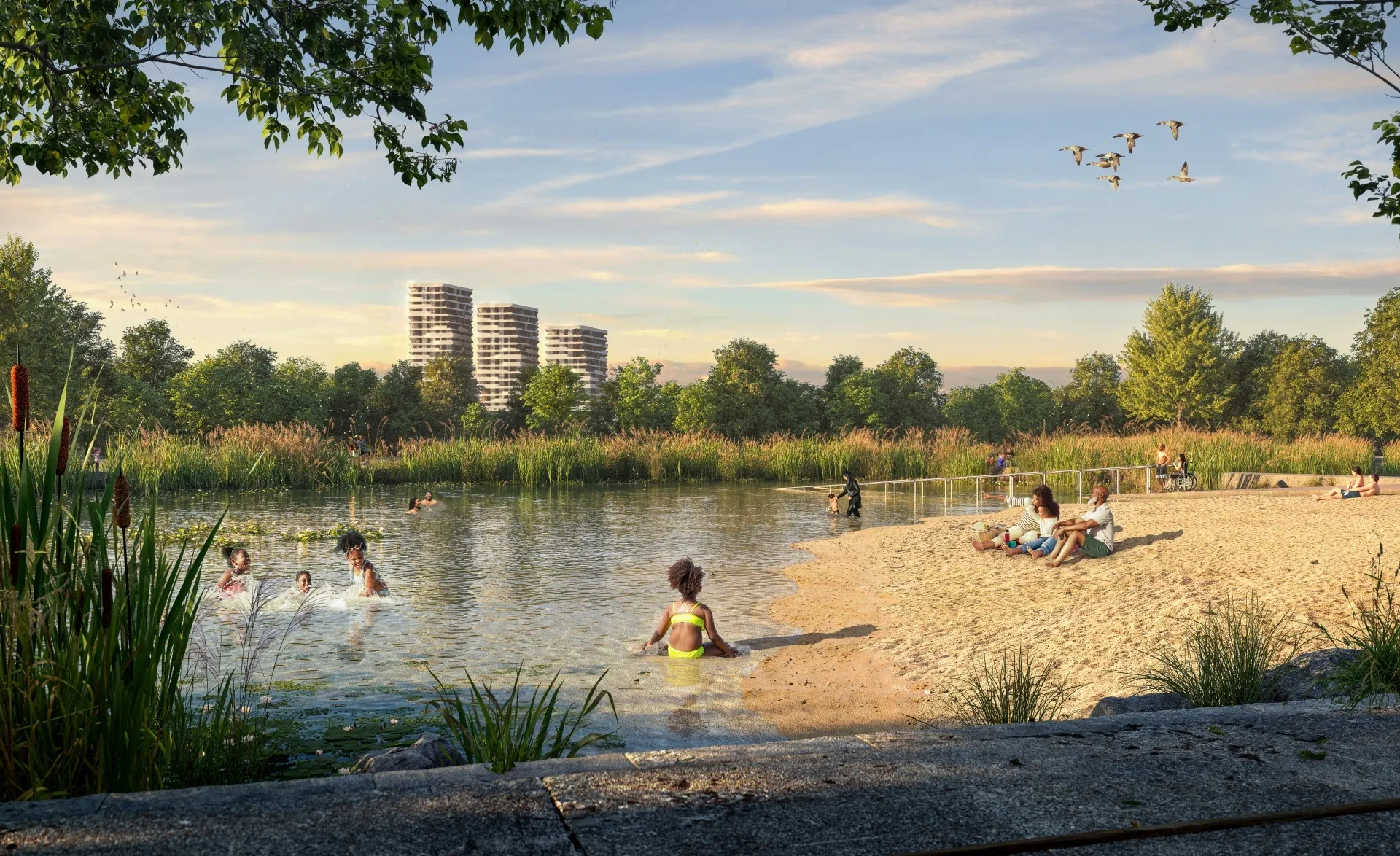 Render of wild swimming ponds at East London Waterworks Park
