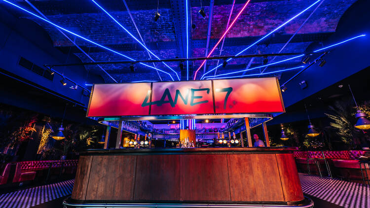 A bar at a Lane7 bowling alley