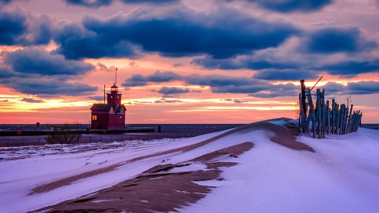 Big Red lighthouse in Holland Michigan during winter