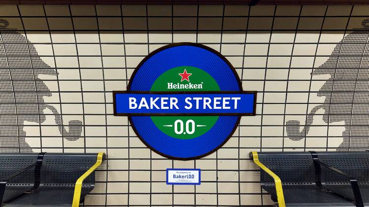 Baker street roundel rebranded with blue and green Heineken 0.0 logo 
