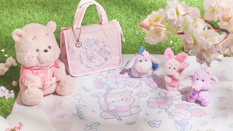 Winnie the Pooh plushies and bag on blanket