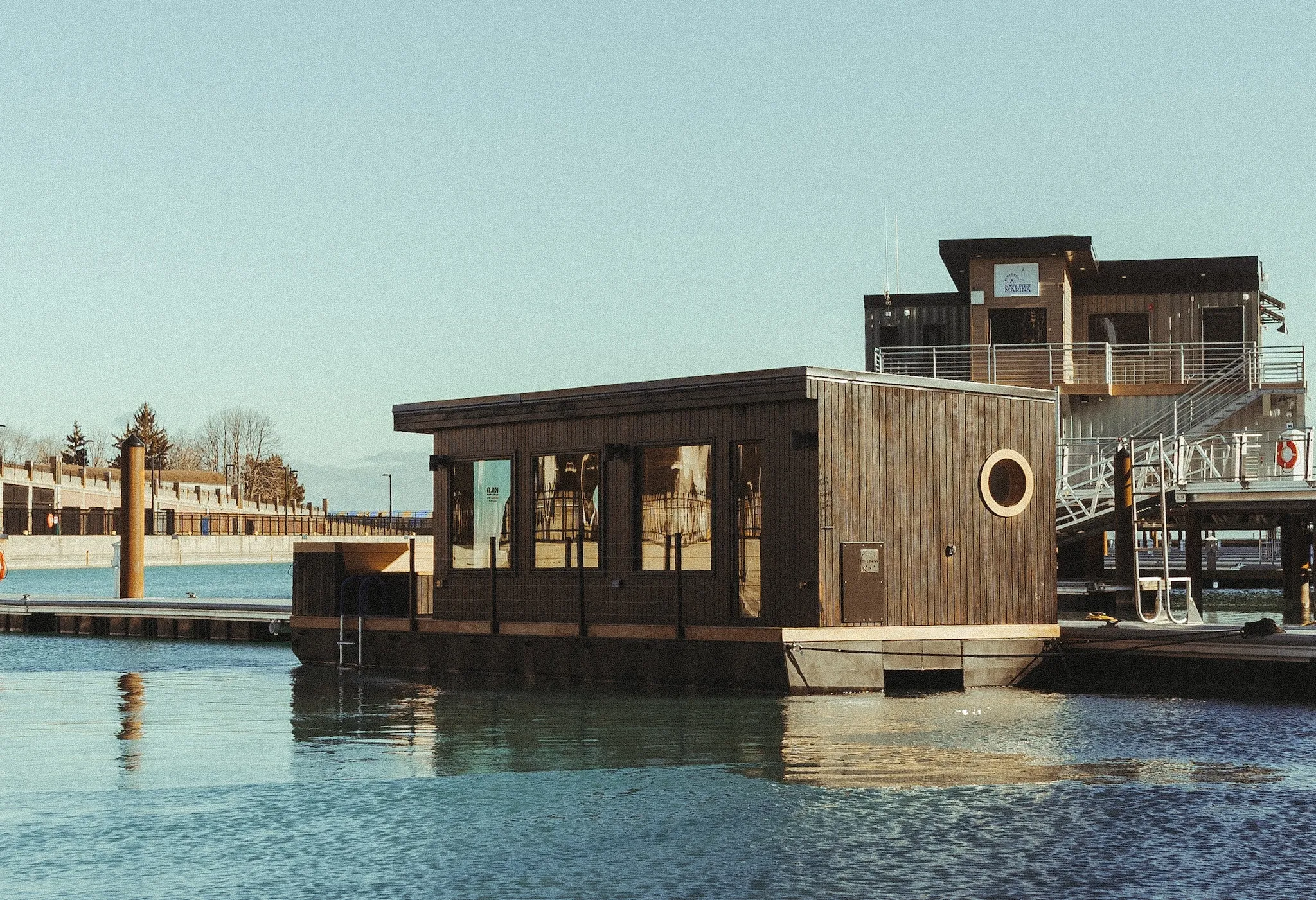 An exterior photograph of Kiln Floating Sauna.