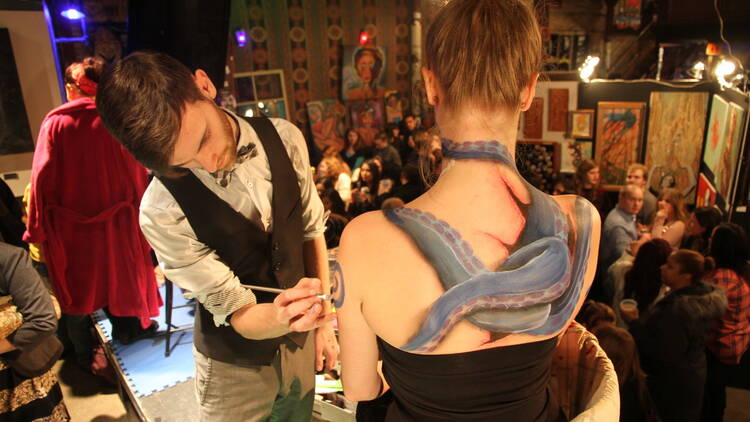 Wander while munching free pancakes at Warehouse Talat Noi's art pop-up