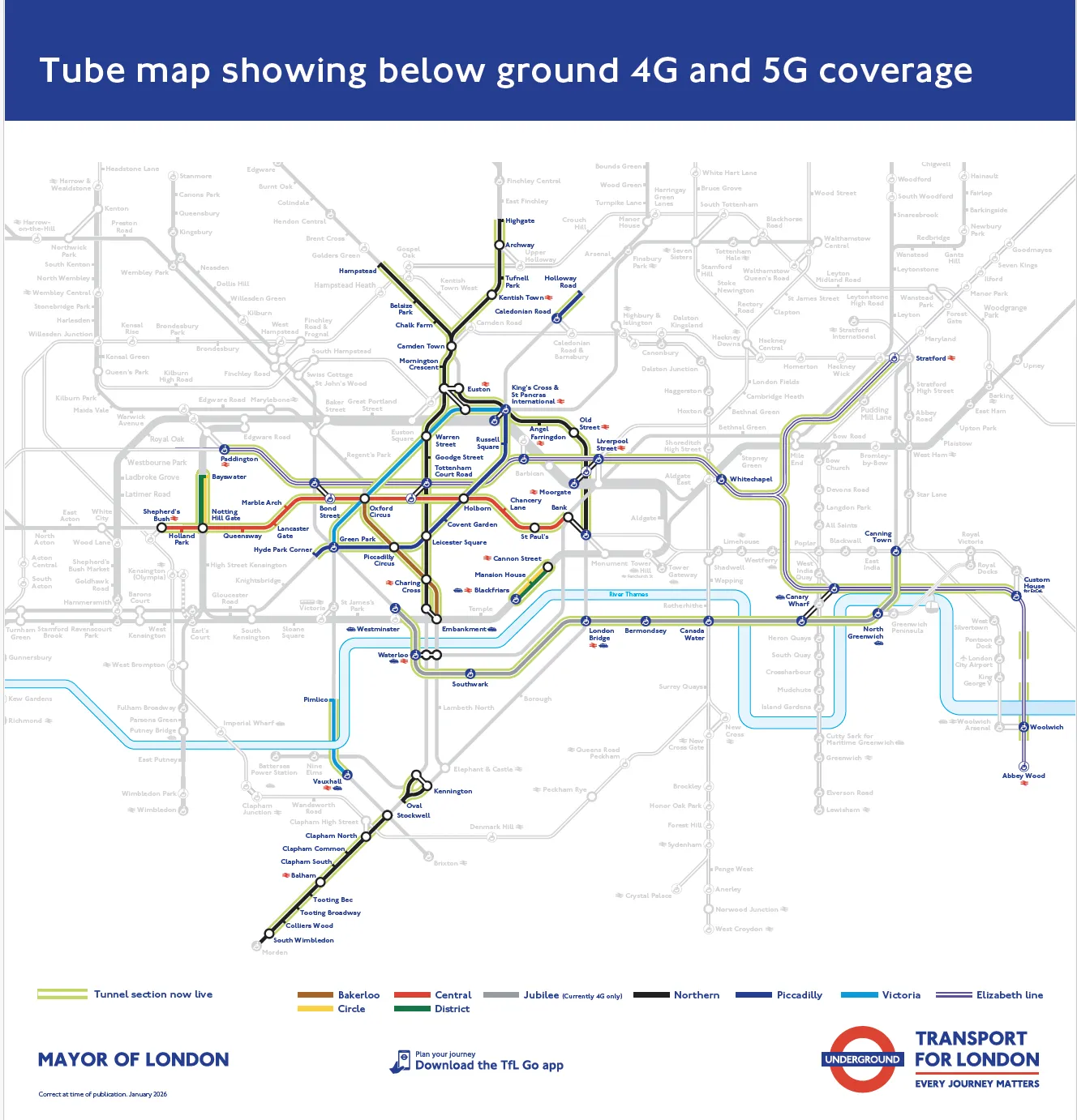 Map of 4G and 5G coverage on London&rsquo;s tube, January 2026