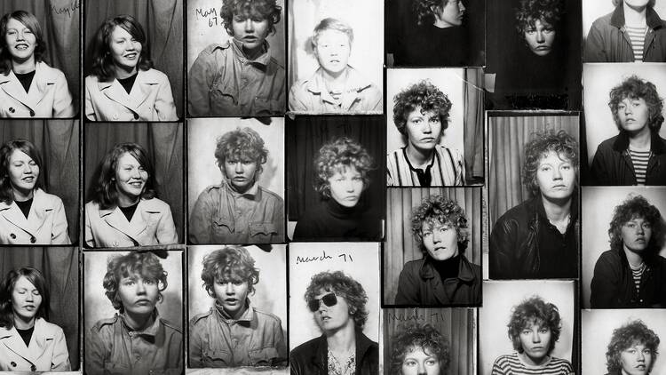 Black and white collage of photobooth strips of Donna Gottschalk posing.