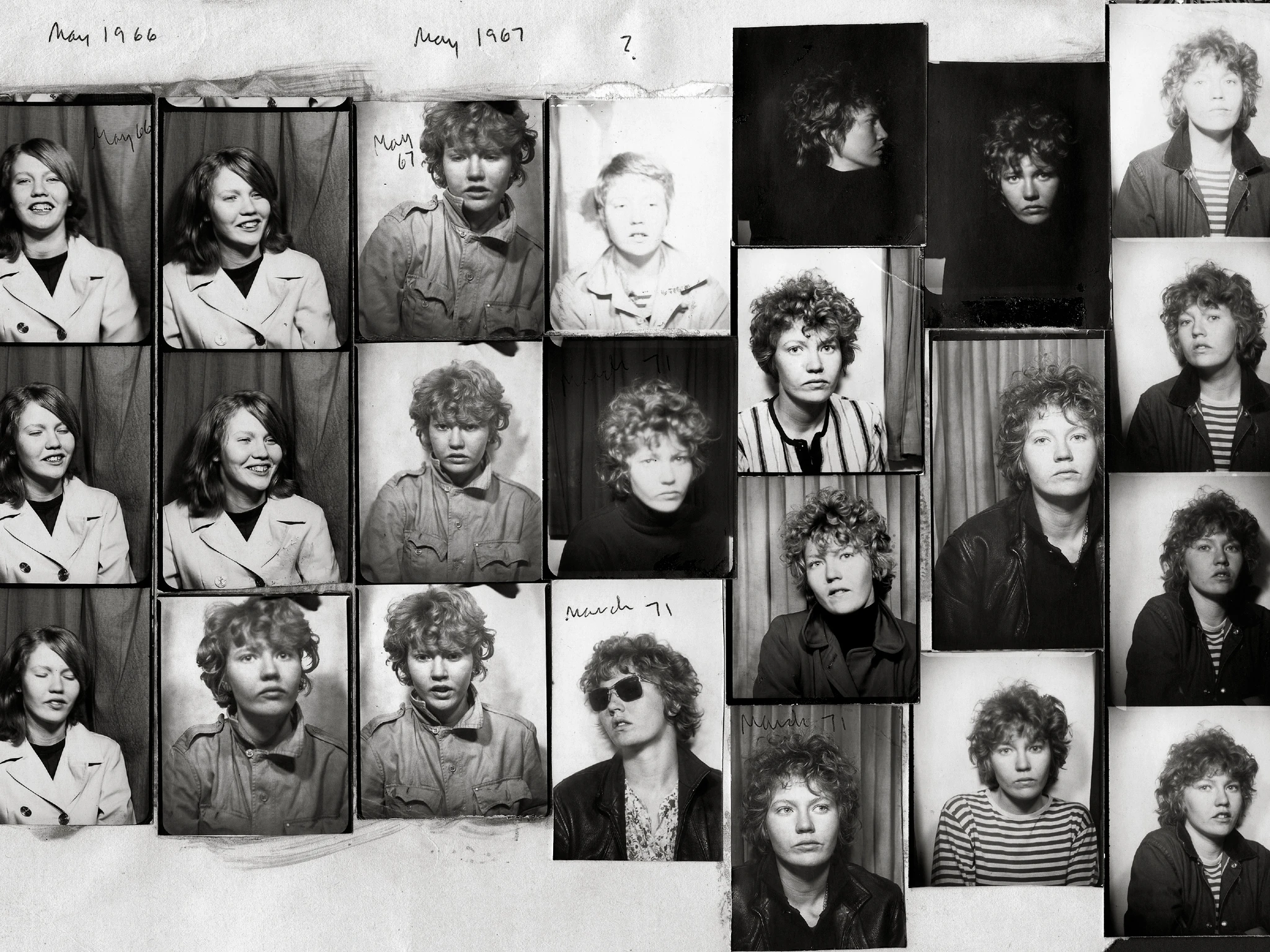 Black and white collage of photobooth strips of Donna Gottschalk posing.