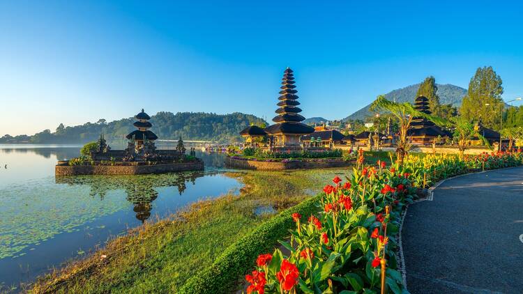 Ulun Danu Temple Bratan Lake in the morning at Bedugul, Bali, Indonesia