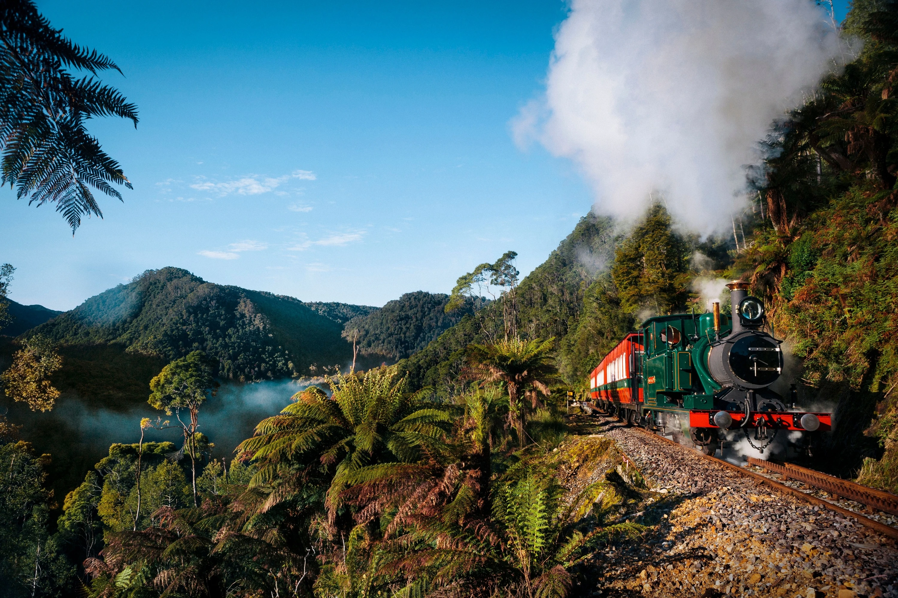 Train journeying next to mountain