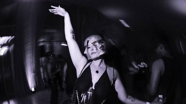 Leah Jazz working the room at Eden's most recent event, a NYE Masked Ball. 