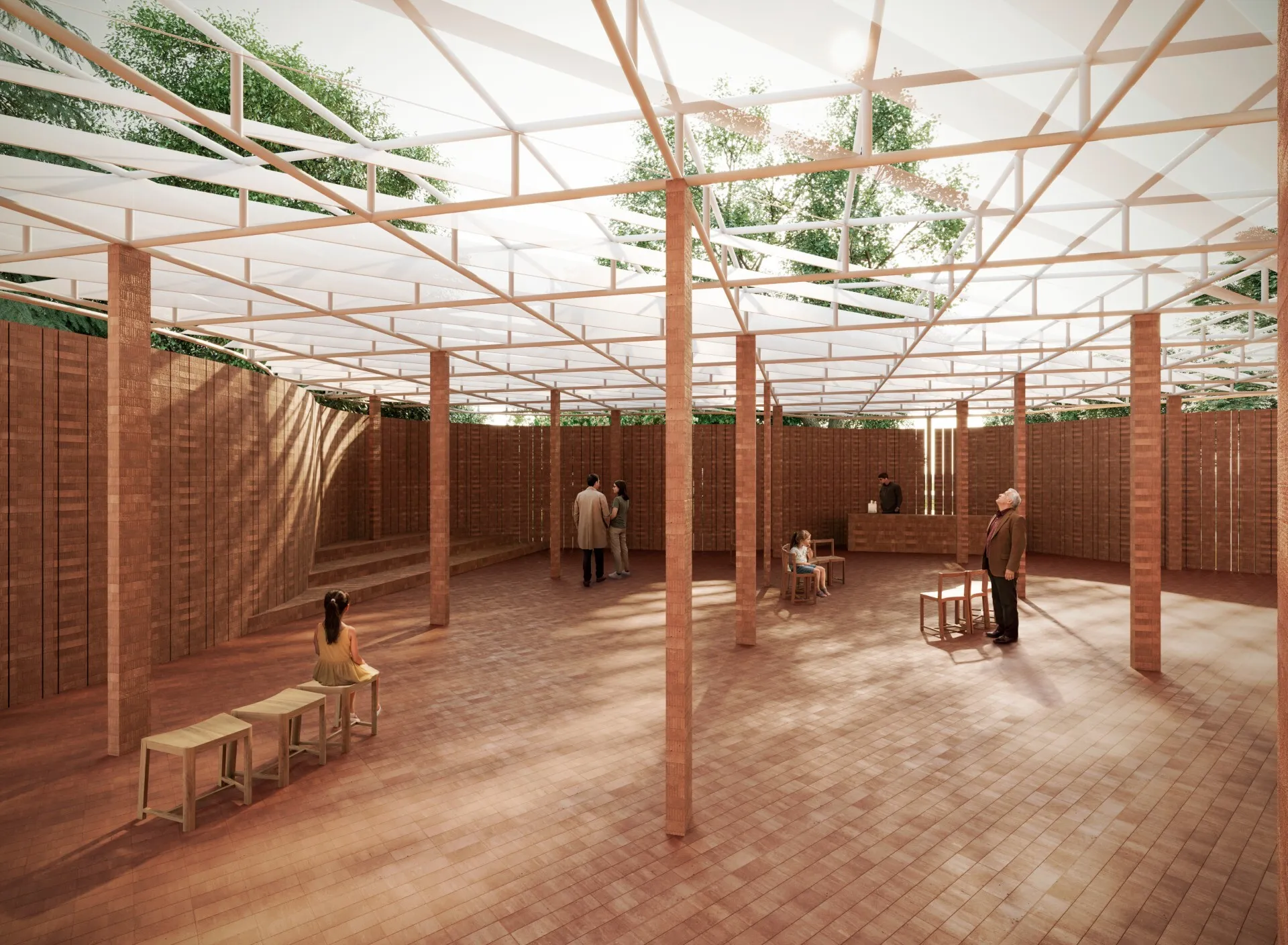 Inside the Serpentine Pavilion 2026 made of red brick with columns and a translucent roof 