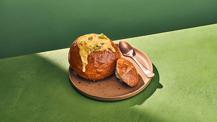 broccoli soup in a bread bowl