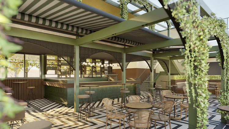 Artist render of the rooftop garden bar at Garden State Hotel