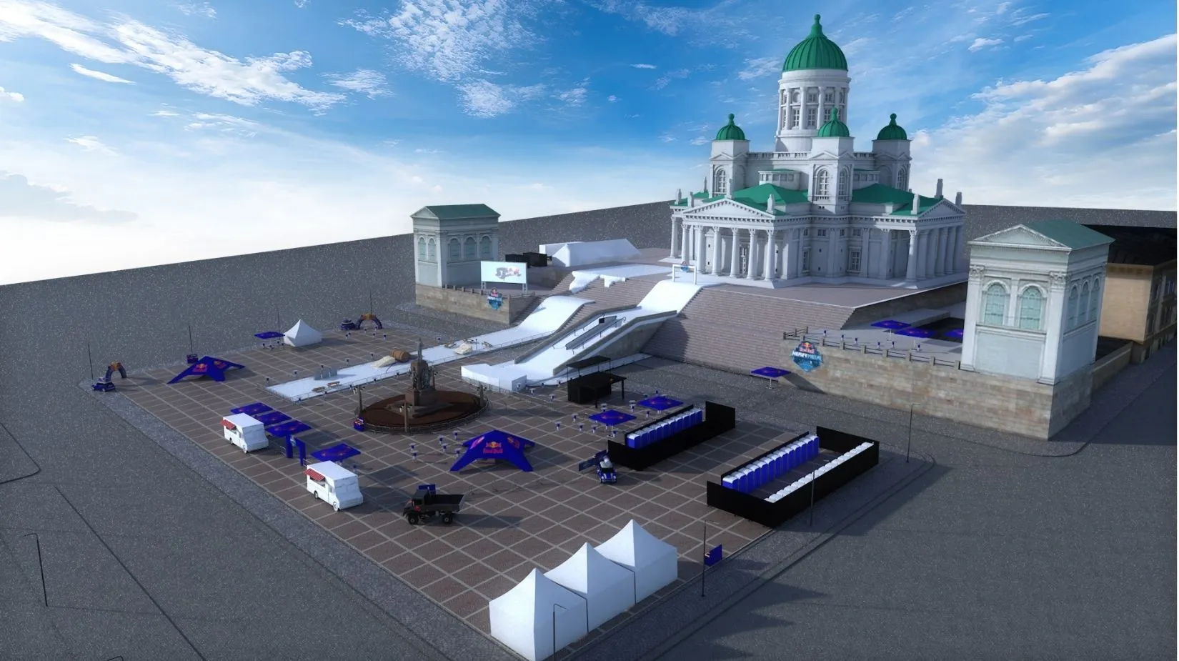 Havainnekuva Red Bull Heavy Metal lumilautailutapahtuman lavasta Helsingin Senaatintorilla ja Tuomiokirkon portailla