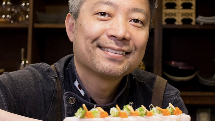 Image of sushi and Chef Kishimoto