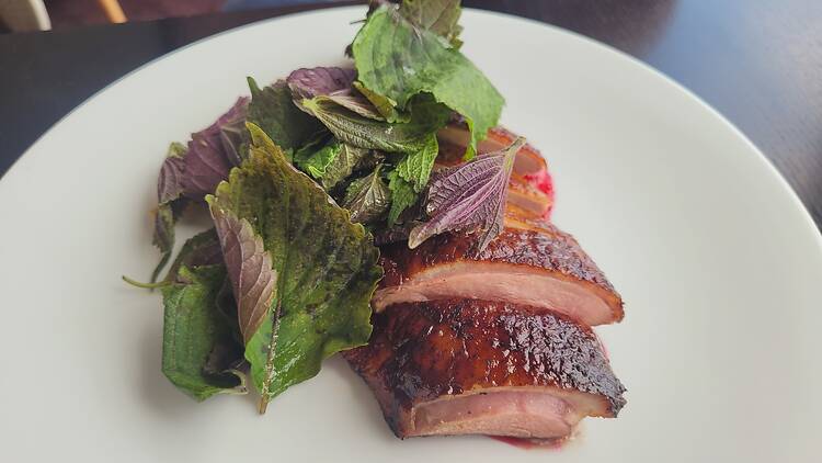 Duck on a plate with sorrel leaves