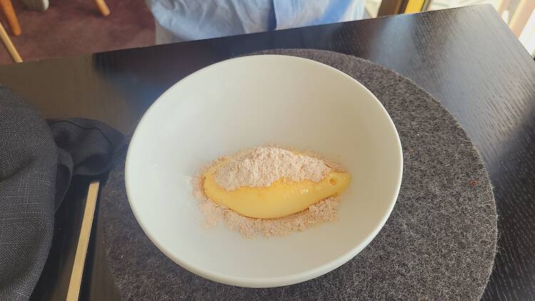 Blood lemon curd topped with sherbert