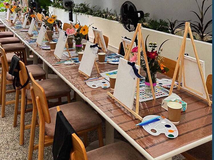 Brushes at the ready for a Saturday Paint n Sip