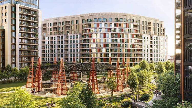 Render of restored Gasholder No.2 at King’s Road Park, Fulham
