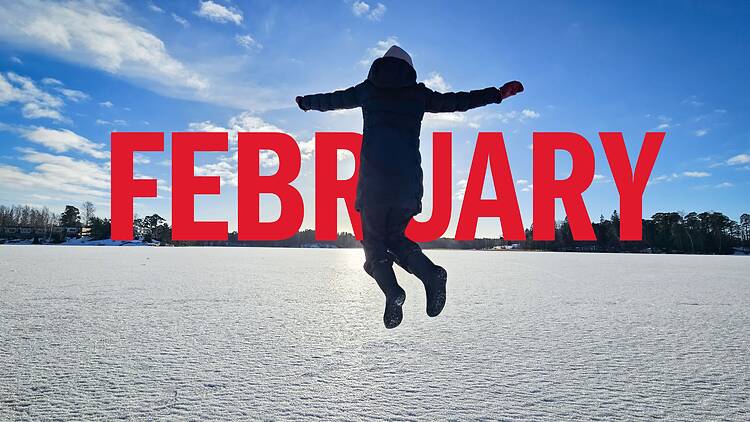 A woman jumps into the air on the ice, with the word February written in red across the centre of the image.