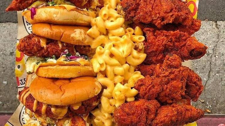 Dave’s Hot Chicken sliders and mac and cheese