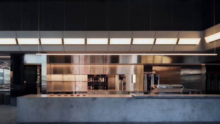 Interior of grey industrial bakery space