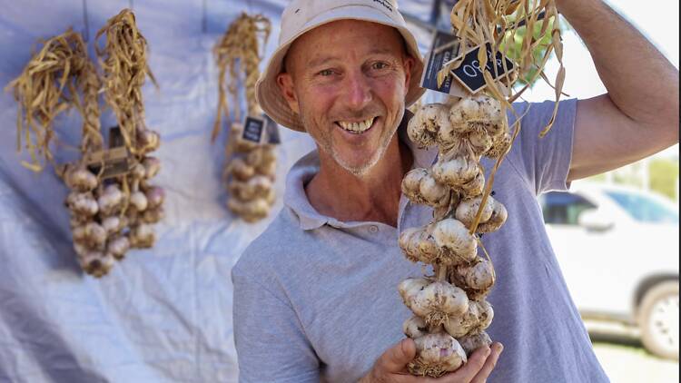 Man holds a bunch of garlic