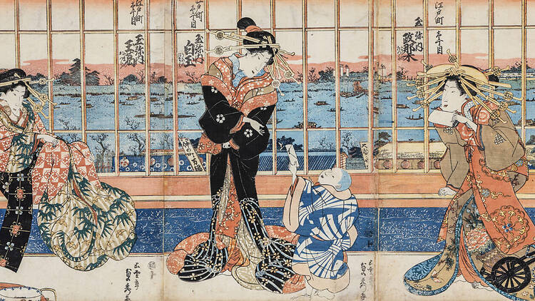 Cortesanas de la Casa Tamaya sita en Edo-machi icchōme. Utagawa Sadahide