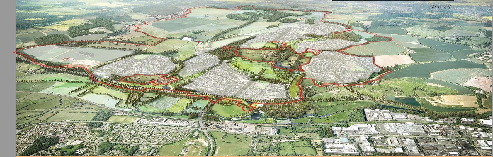 Birdseye view of plans for Gilston's seven villages and outline