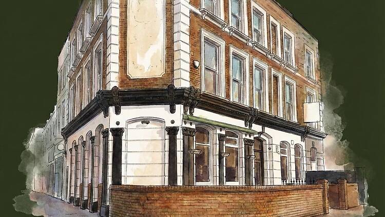 Coloured sketch of the building now housing Moyletts on the corner of two roads in Clapton