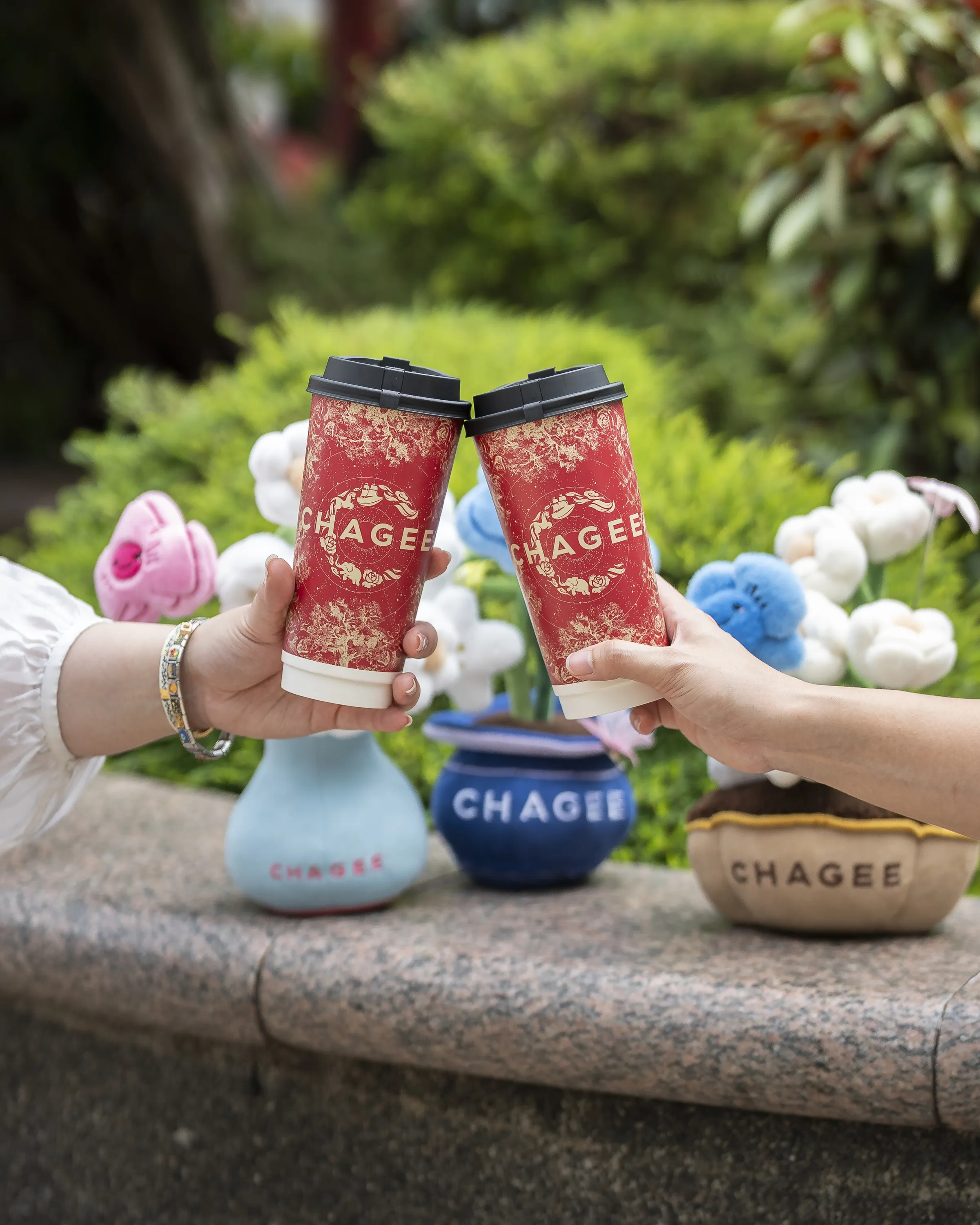 Prosperity Tea Plant Plushie - Group Shot with Cups