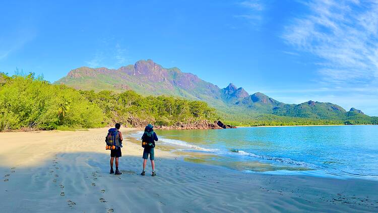 Hikers on beach