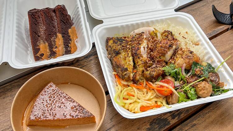 Charcoal chicken plate and cakes from Yang Thai.