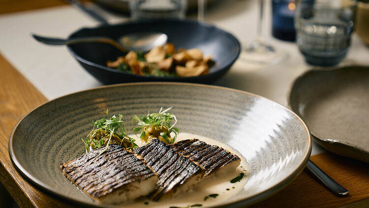 Lähikuva Ravintola Kakolanruusun annoksesta, jossa on grillattua kalaa vaaleassa kastikkeessa sekä lisukkeena paahdettuja perunoita.