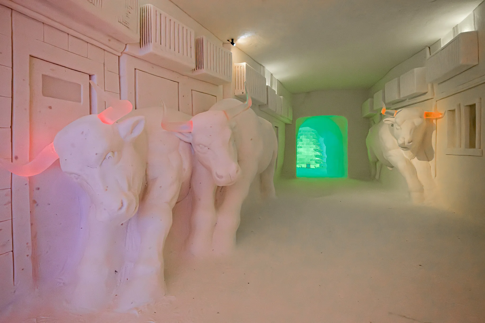 Snow sculpture of running bulls