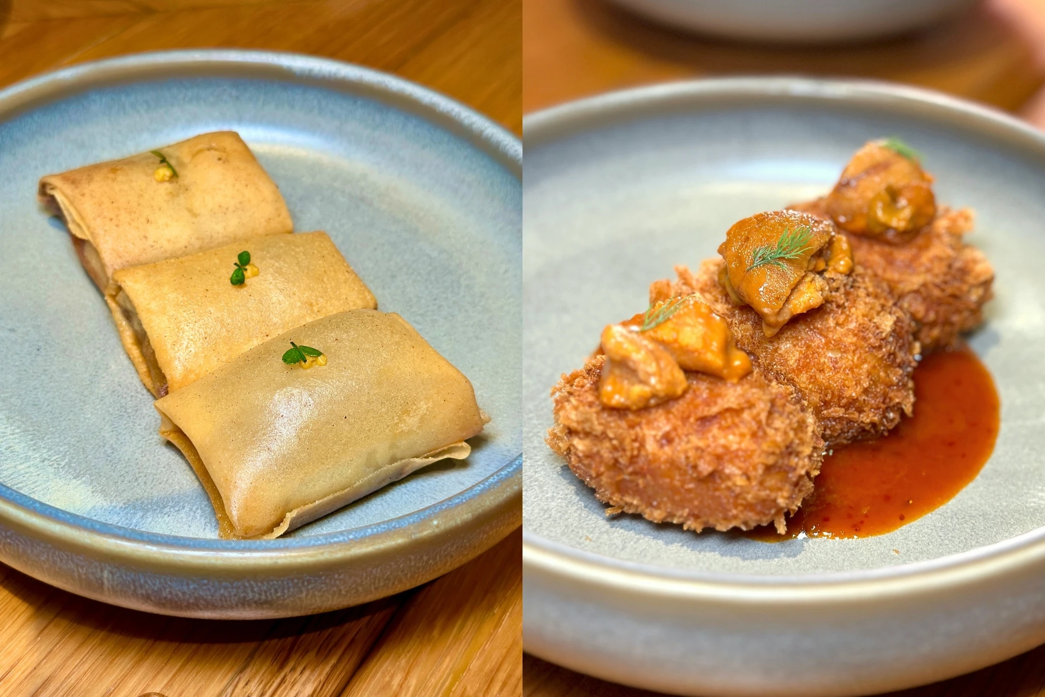 Braised pigs trotters spring roll, Uni-Corn Croquette Barrel