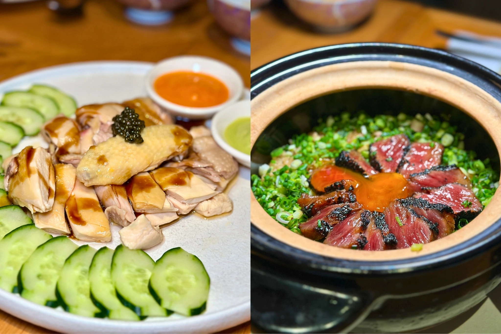 Barrel chicken rice, aburi wagyu donabe