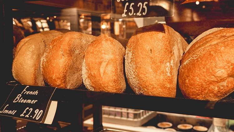 Stock image of bread loaves in a bakery