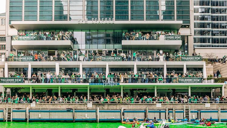 The exterior Pizzeria Portofino during St. Patrick's Day festivities in Chicago. The exterior Pizzeria Portofino during St. Patrick's Day festivities in Chicago.